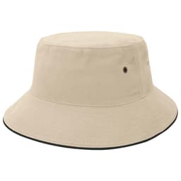 A beige bucket hat featuring a wide brim and eyelets, with a contrasting trim around the base.