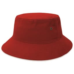 A red Sandwich Brim Bucket Hat with a wide brim and ventilation eyelets. Features a branded logo.
