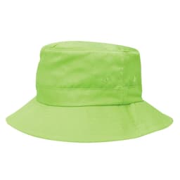 A bright lime green kids' twill bucket hat with a toggle and a wide brim. Features ventilation holes.