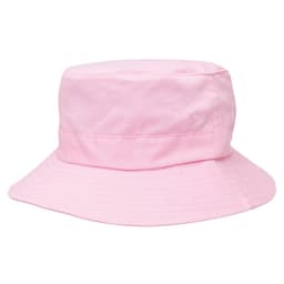 A pink kids' twill bucket hat with a wide brim and toggle adjustment, featuring a logo detail.