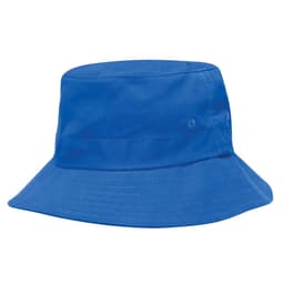 A blue kids' twill bucket hat with a toggle, featuring a wide brim and side ventilation.