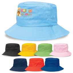 A blue kids' twill bucket hat with a branding logo, surrounded by options in black, pink, green, orange, and red.