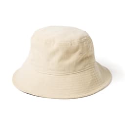 A beige corduroy bucket hat with a round crown and wide brim, featuring a logo.