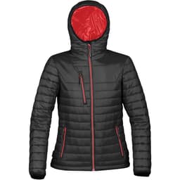 A black puffer jacket with a red interior and multiple zip pockets, featuring a hood and branding.