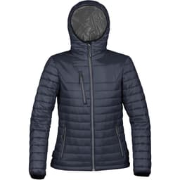 A women's puffer jacket in navy blue with a hood and zippered pockets, featuring a logo.