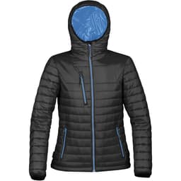 A black puffer jacket with a blue interior, featuring a hood and zippered pockets. It has a logo on it.