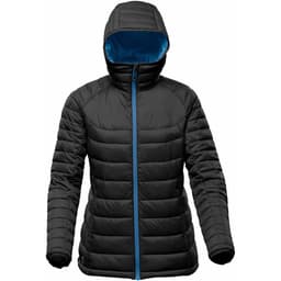 A women's thermal jacket in black with a blue interior and a hood, featuring a zip front and quilted design.