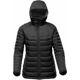 A black women's thermal jacket with a hood, featuring a zip-up front and quilted design. It has a logo on the sleeve.