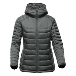 A women's thermal jacket in dark green with a hood, featuring a zip front and quilted design. It has a logo on the sleeve.