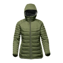 A green insulated women's jacket with a hood, featuring a zip front and a quilted design. It has a logo on the chest.