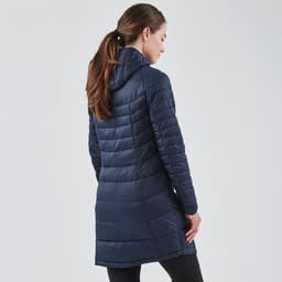 A navy women's parka with a hood, featuring a quilted design and a mid-length cut, displayed from the back.
