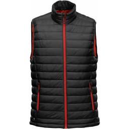 A black thermal vest with red accents, featuring a high collar and zip closure, and a logo on the side.