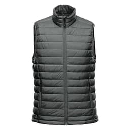 A green thermal vest with a high collar and zip front, featuring quilted padding and a logo.