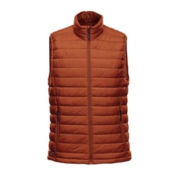 An orange thermal vest with a high collar and zip closure, featuring a logo. Ideal for cooler weather.