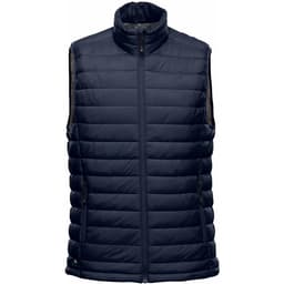 A navy thermal vest featuring a high neckline and horizontal quilted design. It has a logo on it.