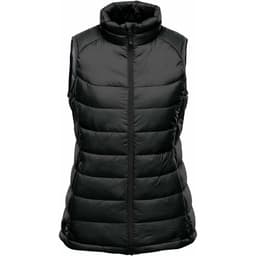 A black thermal vest with a high collar and zip front, featuring a quilted design and armholes.