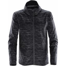 A lightweight black rain jacket with a textured pattern and a hood, featuring a logo on the front.