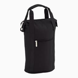 A drink bottle cooler in black fabric with a zippered pocket and two sturdy handles. Features branding on the side.