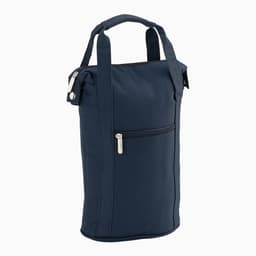 A drink bottle cooler in navy blue, featuring a zippered pocket and two sturdy handles. It has a logo.