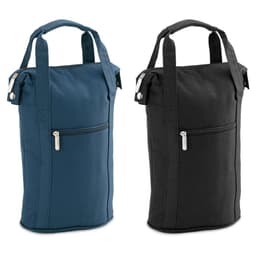 A drink bottle cooler in teal and black, featuring two handles and a zippered pocket on the front.