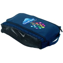 A navy blue platform shoe carrier with a mesh side and a logo, featuring a zip closure and carrying strap.