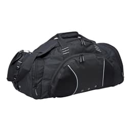 A black duffle bag with side mesh pockets and a shoulder strap, featuring a brand logo.