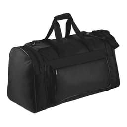 A black duffle bag featuring multiple compartments and sturdy handles, with a logo present on the surface.