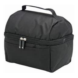 A black lunch bag with a zip closure, featuring a top handle and an external pocket. It has a simple logo.