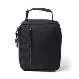 A black cooler bag featuring a zippered compartment and a sturdy handle, with attachment straps on the side.