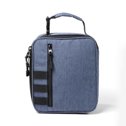 A grey-blue cooler pack featuring a zippered compartment, a handle, and side straps. It has a simple, sleek design.