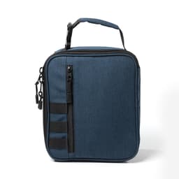 A navy blue cooler bag featuring a zippered main compartment and exterior pockets, with a carry handle on top.