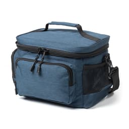 A blue lunch cooler with a zipped compartment, exterior pockets, a handle, and a shoulder strap. It features a logo.