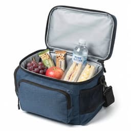 A blue cooler bag filled with sandwiches, an apple, grapes, a snack bar, and a bottle of water. It has a zipped opening.