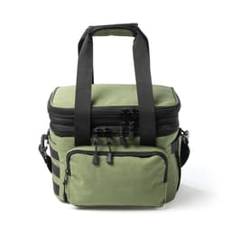 An olive green cooler bag with black straps and zippers, featuring a front pocket and a sturdy handle.