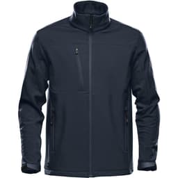 A men's softshell jacket in dark navy, featuring a zippered chest pocket and two side pockets, and a logo.