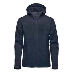 A men's hooded softshell jacket in dark navy, featuring a front zip and zippered pockets. It has a logo on it.