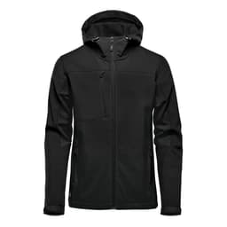A black softshell hooded jacket with a zippered front, featuring pockets and a logo.