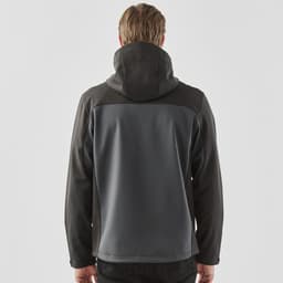 A men's hooded softshell jacket in dark grey, featuring a sleek design and a hood. It has a branding logo on it.