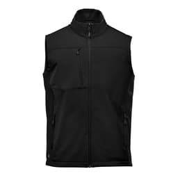 A black softshell vest with a high collar, zippered front, and multiple pockets. Features a logo on the garment.