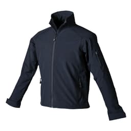 A black women's softshell jacket featuring a high collar and zippered pockets, with an attached logo.