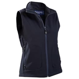 A navy women's softshell vest with a zip front, featuring pockets and a logo on the chest.