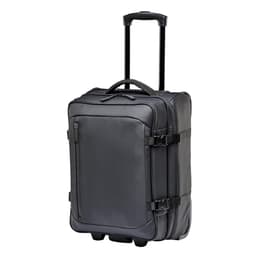 A black wheeled carry-on suitcase with a retractable handle and side straps, featuring a logo on the front.
