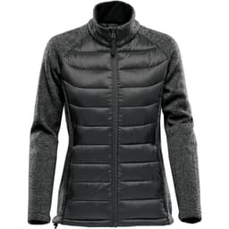 A women's hybrid jacket in dark grey and black with a zip front and a high collar. It features a logo.
