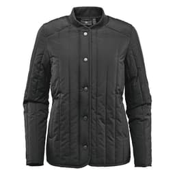 A black women's thermal jacket featuring a quilted design and snap button closure, with a logo on the chest.