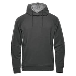 A dark grey hoodie featuring a drawstring hood and raglan sleeves, with a logo on the front.
