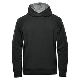 A dark green men's hoody with a drawstring hood and raglan sleeves, featuring a logo.