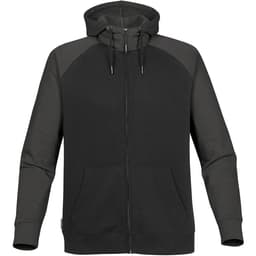 A black and olive green zip-up hoodie with a front pocket and a hood, featuring stitching details and a logo.