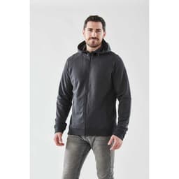 A men's full zip hoody in dark grey, featuring a hood and a fitted design, displayed on a model.
