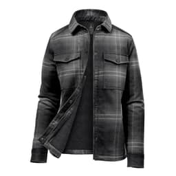 A Women's plaid jacket featuring a black and grey pattern with a sherpa lining, button-up front, and chest pockets.