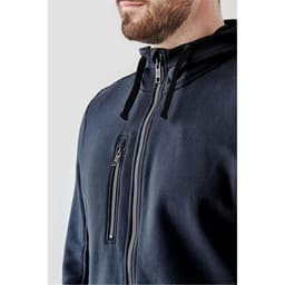 A navy blue men's fleece hoody featuring a zippered pocket and a drawstring hood, with a logo on the chest.